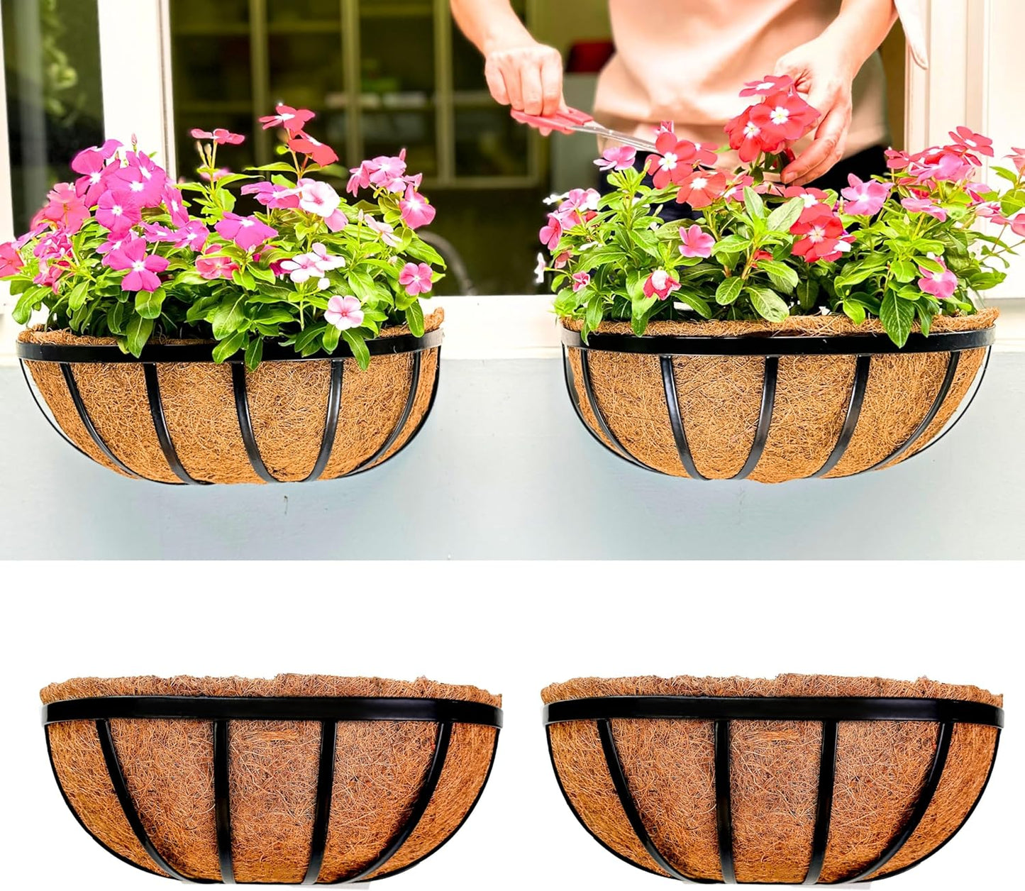 LaLaGreen Wall Hanging Planters (48 Inch, 4 Pack) Long Window Flower Box Planter with Coco Liner, Black Metal Rectangular Outdoor Plants Attach to House Horse Trough Fence Balcony Garden Porch Patio