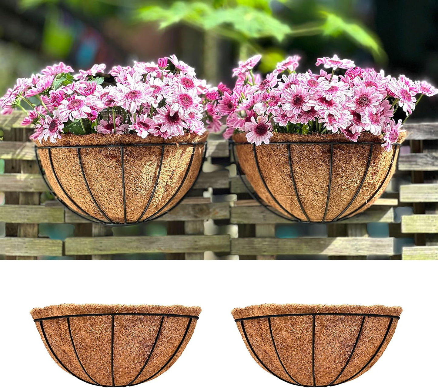 LaLaGreen Wall Planters for Outdoor Plants, 4 Pack, 12 Inch Half Round Plant Holder with Coco Liner, Metal Wire Flower Herb Baskets Window Boxes Outside Fence Railing Pots Deck Porch Balcony Garden