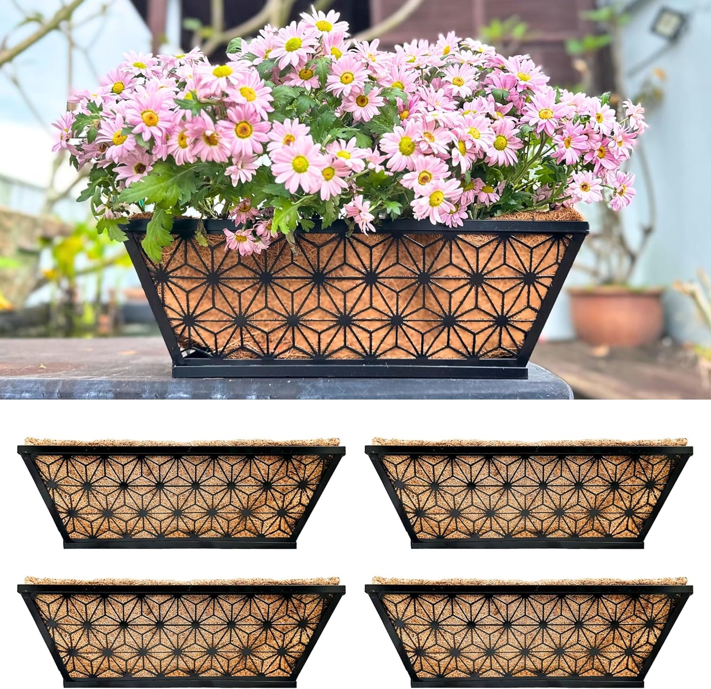 LaLaGreen Window Boxes Planter for Outdoor Plants (2 Pack, 16 Inch) Black Metal Basket Flower Pot Rectangular Wall Planters with Coco Liner, Horse Trough Deck Railing Balcony Modern Garden Fence Patio