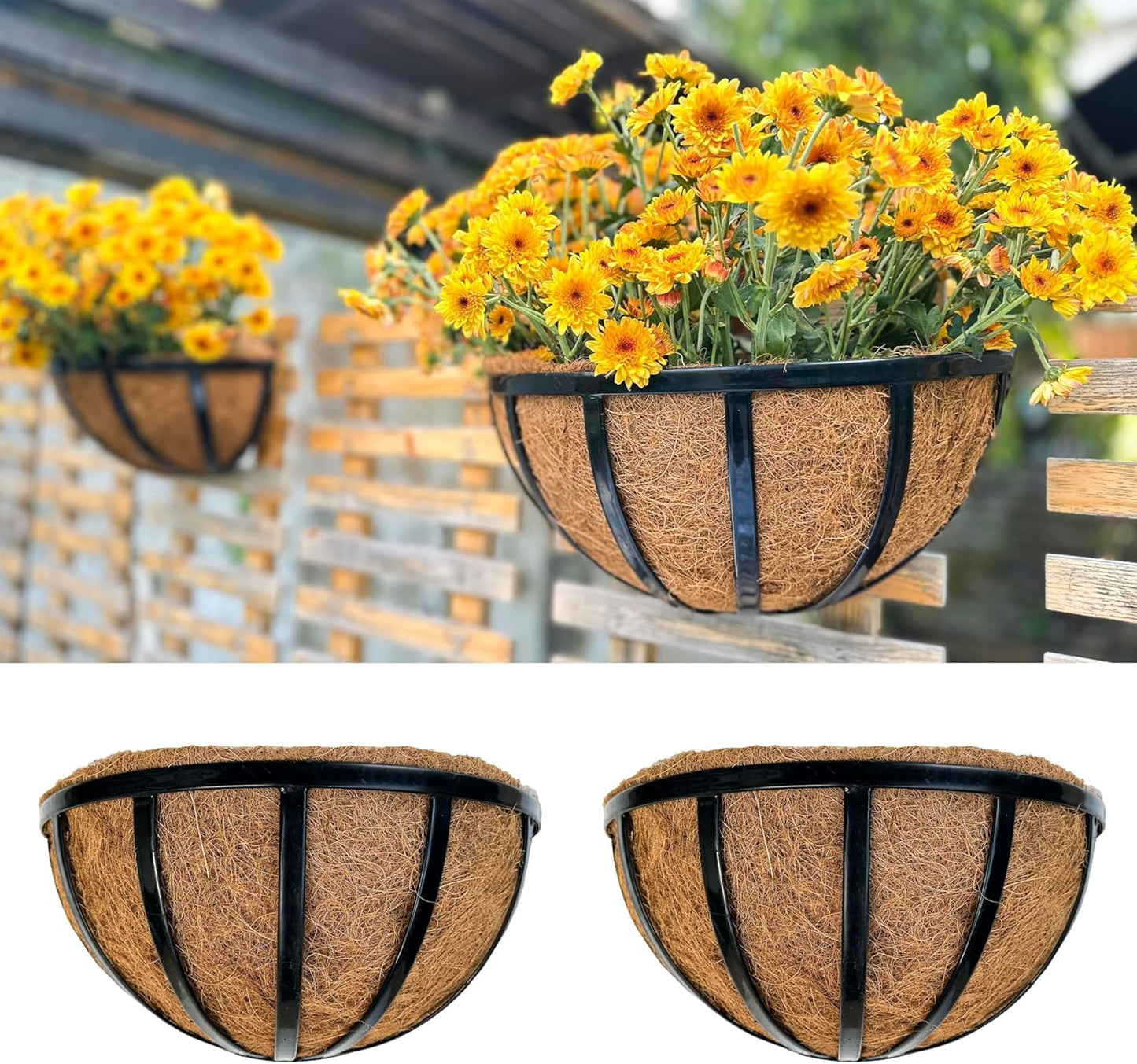 LalaGreen Wall Planters (2 Pack, 16 Inch) Black Metal Deck Railing Planter Boxes with Coco Liners, Window Flower Box for Outdoor Plants, Modern Horse Trough Fence, Balcony, Herb Patio Porch Over Rail