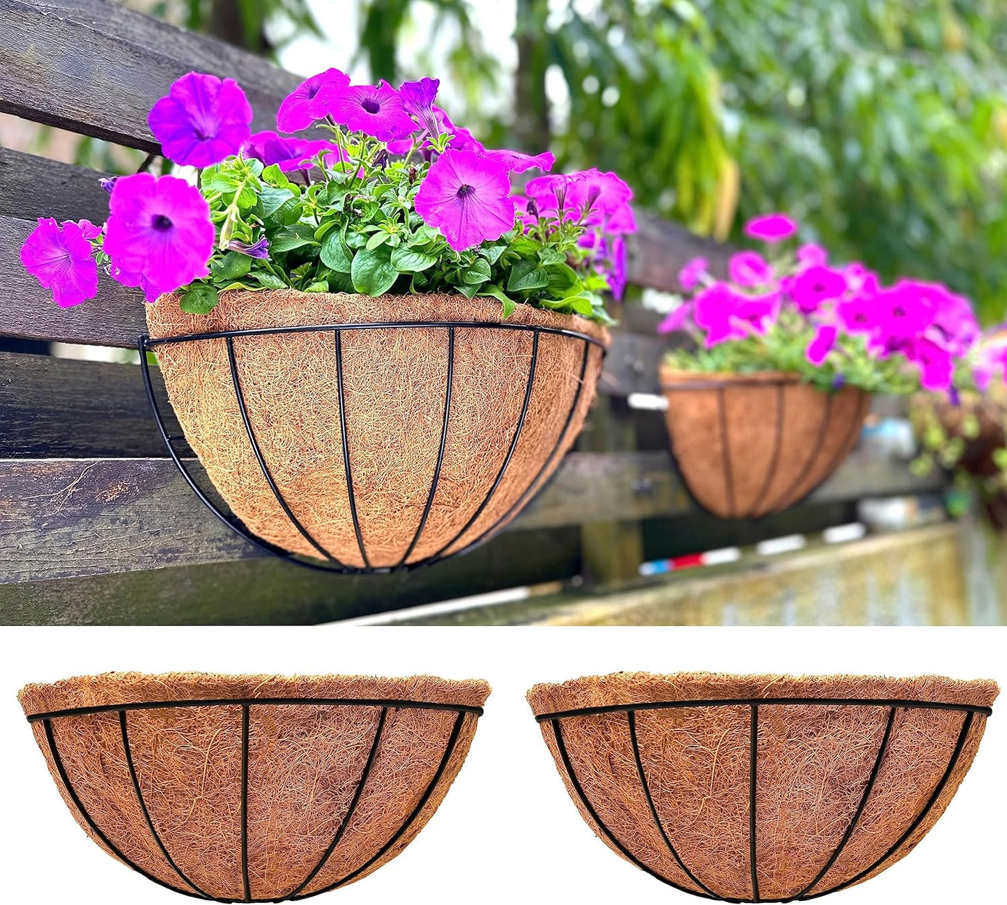 LaLaGreen Wall Planter Outdoor, 4 Pack, 14 Inch Large Wall Hanging Flower Basket with Coco Liner, Vertical Living Wall Mounted Wire Pot Outside Fence Railing Plant Pots Holder Deck Porch Balcony Patio