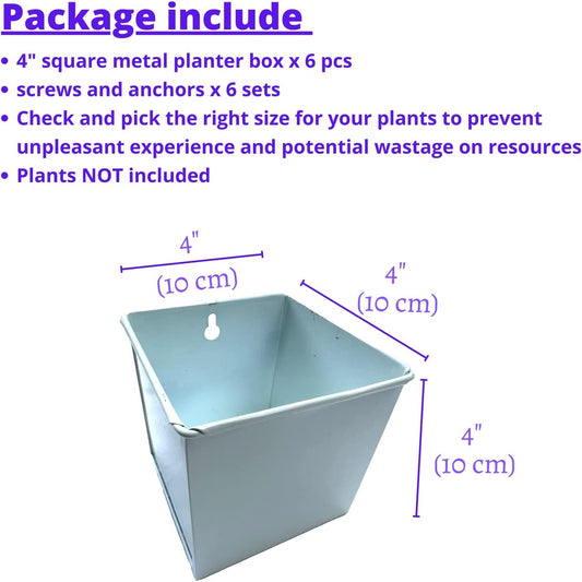 LaLaGreen Wall Planter - 6 Pack, 4 Inch Square Metal Wall Planter for Indoor Plants, Small White Wall Mounted Flower Pots Outdoor Herb Garden Decor, Balcony Railings Hanging Buckets Porch Patio