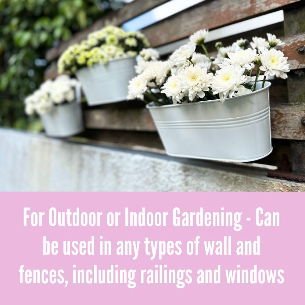 LaLaGreen Rail Planters for Outdoor (4 Pack, 11.2 Inch) White Metal Iron Hanging Flower Pots, Deck Railing Fence Bucket Strawberry Planter Wall Mount Window Box Plant Holder with Hooks Porch Decor