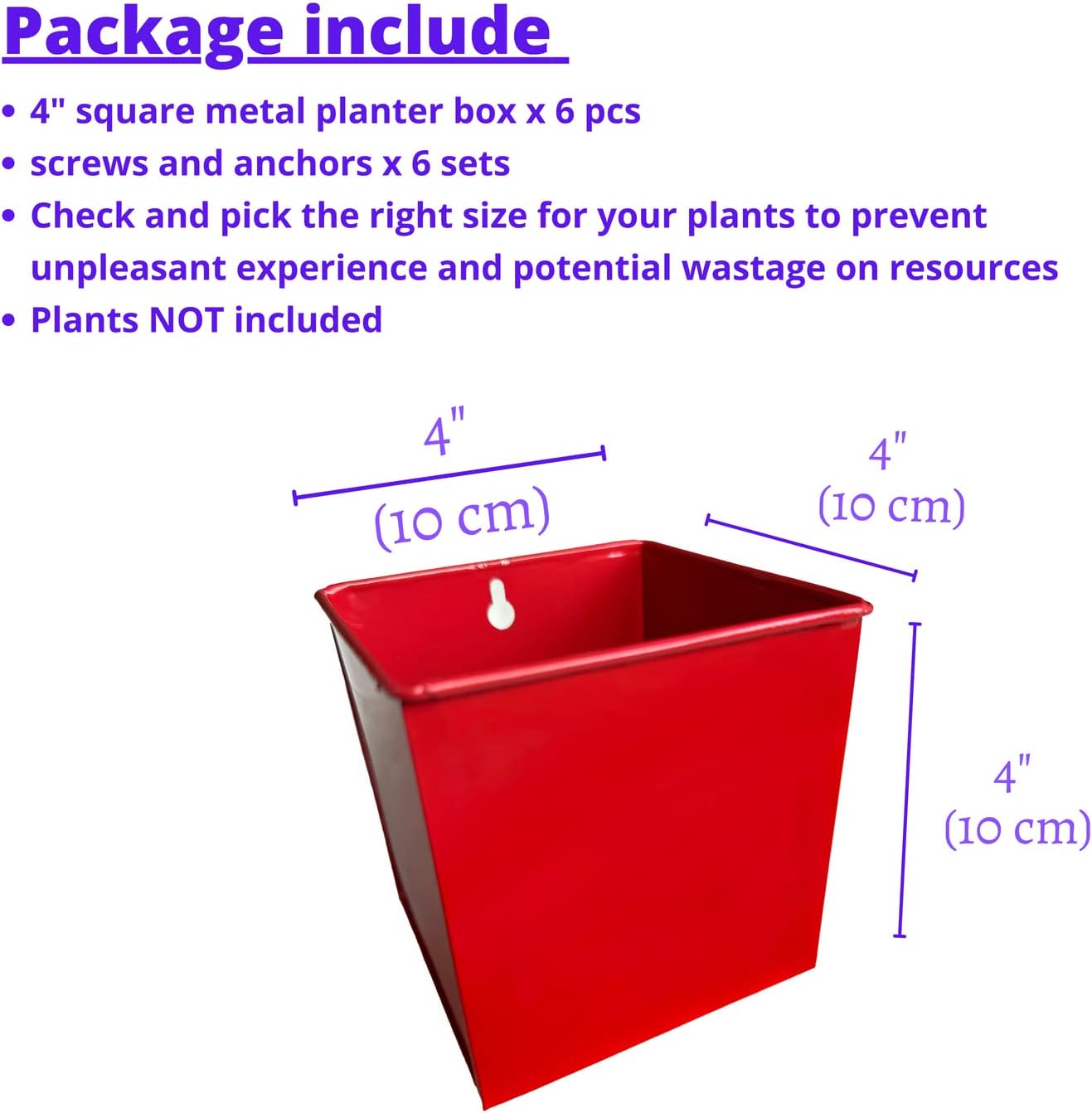 LaLaGreen Wall Planter - 6 Pack, 4 Inch Square Red Metal Wall Planter for Indoor Plants, Small Wall Mounted Christmas Decoration Flower Pots Outdoor Herb Garden, Balcony Railings Buckets Fence Porch