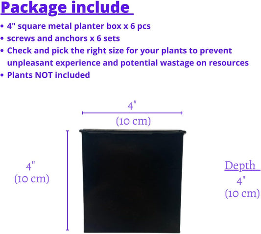 LaLaGreen Wall Planter - 6 Pack, 4 Inch Square Metal Wall Planter for Indoor Plants, Small Black Wall Mounted Flower Pots Outdoor Garden Decoration, Balcony Planters Railings Hanging Outdoor