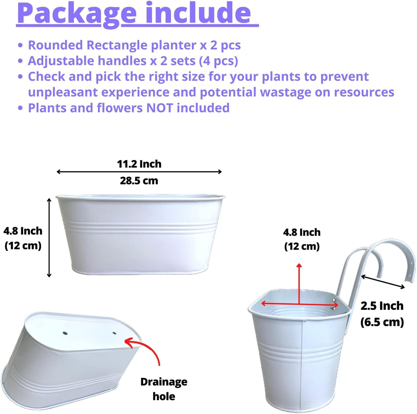 LaLaGreen Rail Planters for Outdoor (2 Pack, 11.2 Inch) White Metal Iron Hanging Flower Pots, Strawberry Planter Deck Railing Fence Bucket Wall Mount Window Box Plant Holder with Hooks Porch Decor