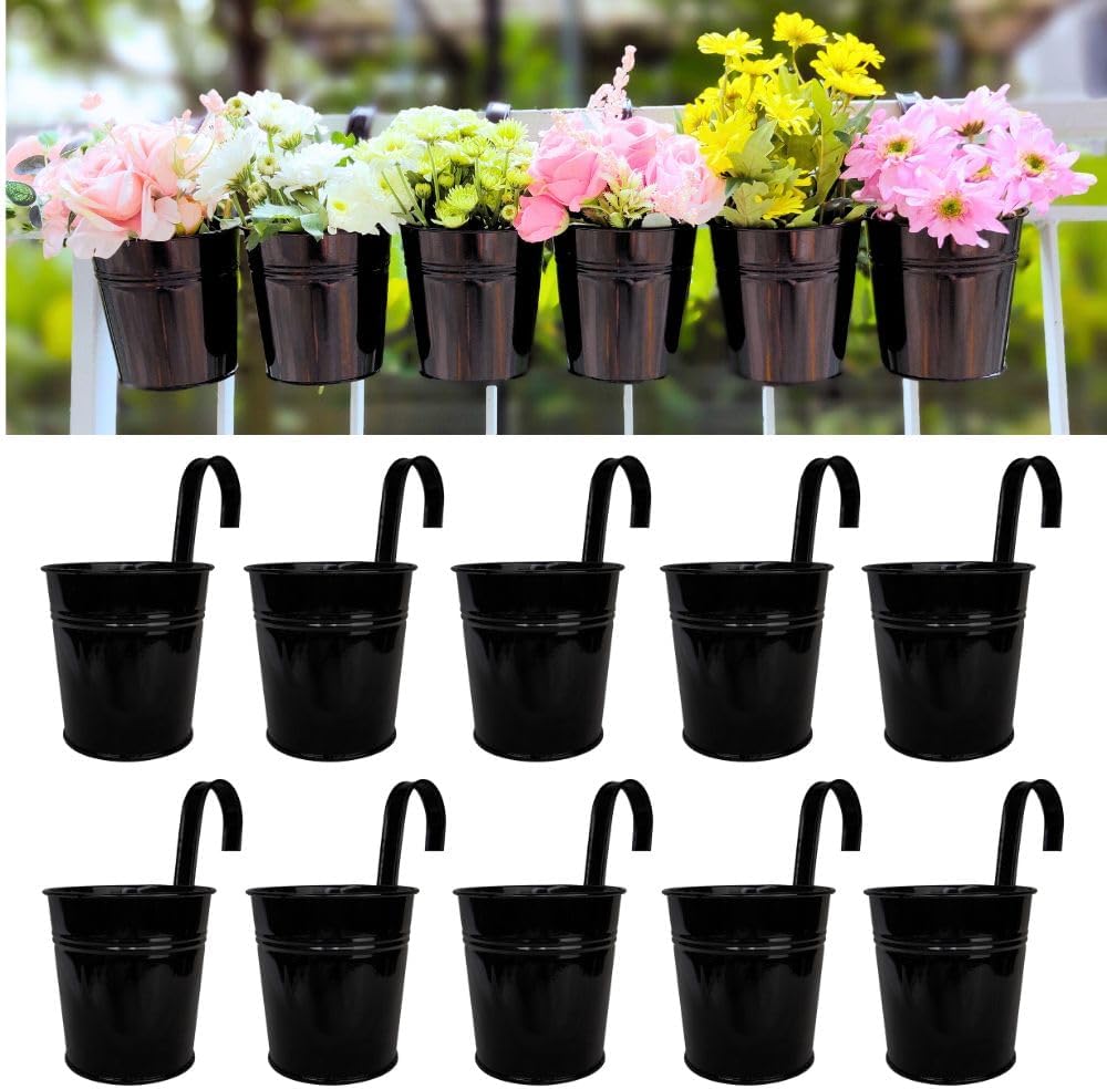 LaLaGreen Small Hanging Planters Outdoor - 10 Pack, 4 Inch Rainbow Planter Colorful Flower Pots Metal Iron, Rail Balcony Garden Deck Railing Plant Hanger Fence Wall, Herb Bucket Indoor Window Boxes