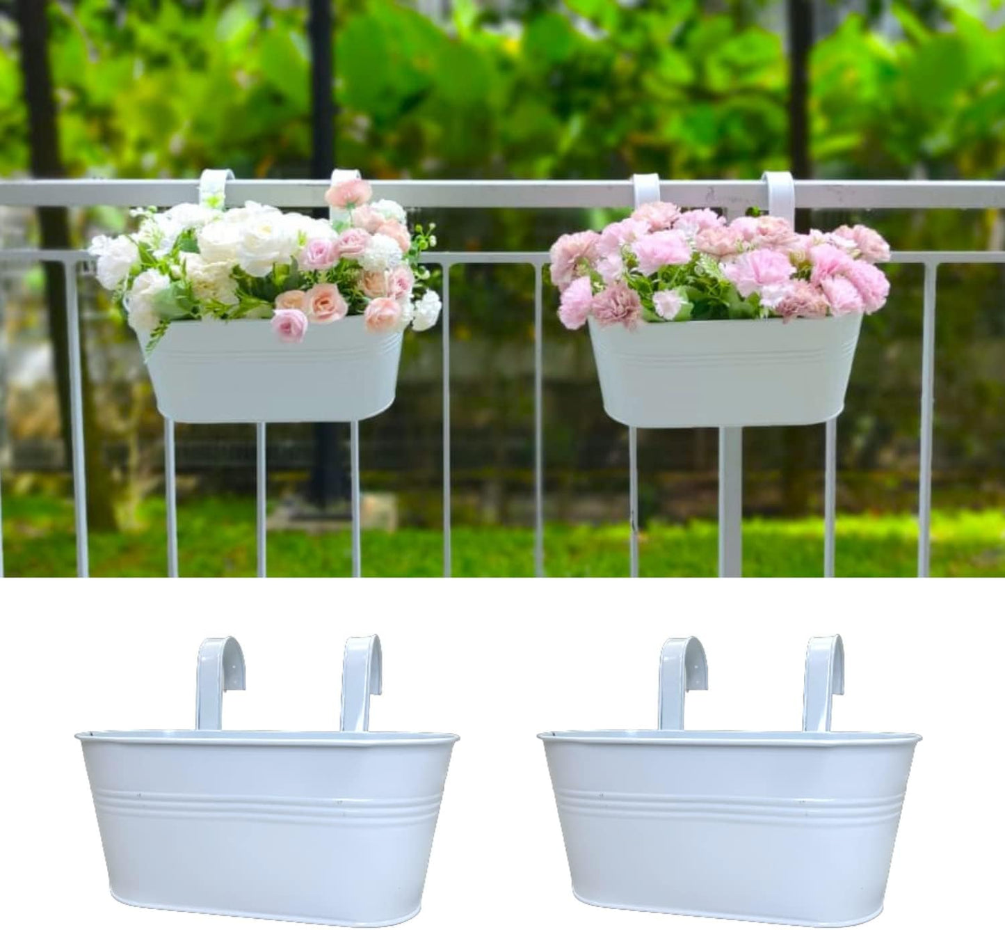 LaLaGreen Outdoor Plants Rail Planter (11.2 Inch, 15 Pack) White Metal Iron Hanging Flower Pots Deck Railings Fence Balcony Modern Boho Style Wall Mount Window Box Plant Holder Hooks Porch Home Decor