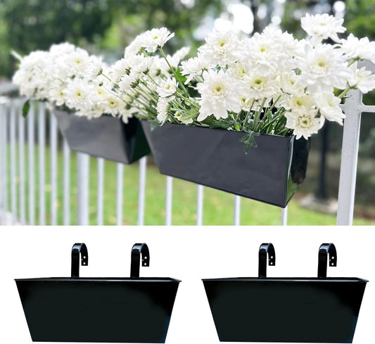 LaLaGreen Rail Hanging Planter (2 Pack, 14 Inch) Large Black Metal Rectangle Plants Holder Outdoor Balcony Railing Fence Porch Strawberry Window Flower Box for Artificial Plant Decoration Home Decors