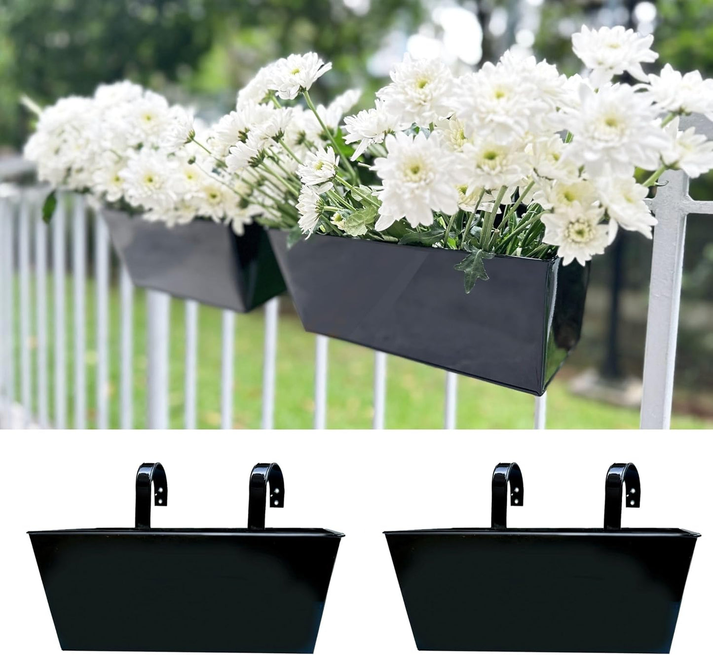 LaLaGreen Rail Hanging Planter (2 Pack, 14 Inch) Large Black Metal Rectangle Plants Holder Outdoor Balcony Railing Fence Porch Strawberry Window Flower Box for Artificial Plant Decoration Home Decors