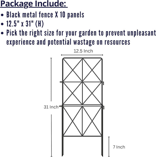ShopLaLa Decorative Garden Fence (10 Panels) 12.5in(L) x 31in(H) Animal Barrier Fencing Rustproof Black Metal Wire Flower Edging for Landscape, Yard Gates Fences Tall Large No Dig Outdoor Decor D-F30B