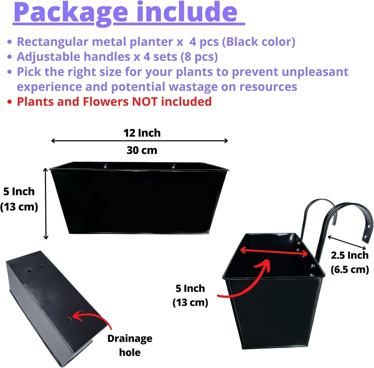 LaLaGreen Rail Planter Box (4 Pack, 12 Inch) Black Metal Strawberry Outdoor Hanging Flower Bucket with Drainage Handle Hook, Rectangle Balcony Deck Fence Plant Holder Window Boxes Rustic Home Decors