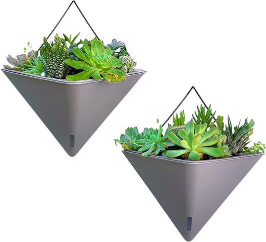 LaLaGreen Succulent Wall Planters - 2 Pack, 12 Inch Large Self Watering Wall Hanging Planters for Indoor Plants Gray Wall Mount Triangle Geometric Flower Vase Pot Black Metal Hanger Living Wall Decor