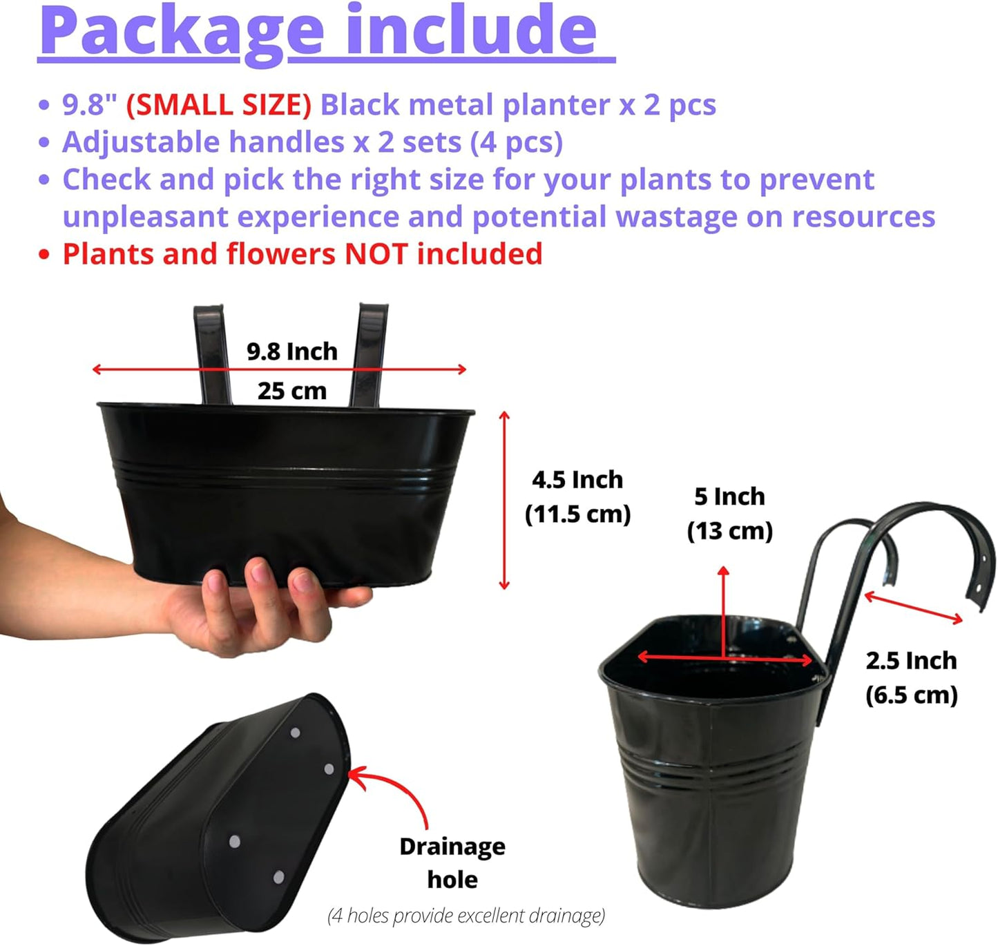 LaLaGreen Rail Planter Outdoor Plants (2 Pack, 9.8 Inch) Small and Cute Metal Iron Hanging Flower Pots Deck Railings Black Fence Bucket, Boho Style Wall Mount Window Box Plant Holder Hooks Porch Decor