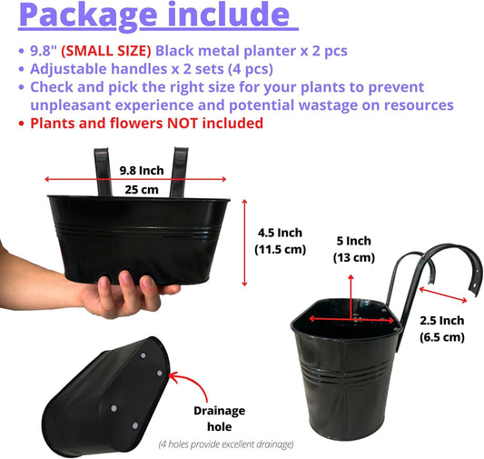 LaLaGreen Rail Planter Outdoor Plants (2 Pack, 9.8 Inch) Small and Cute Metal Iron Hanging Flower Pots Deck Railings Black Fence Bucket, Boho Style Wall Mount Window Box Plant Holder Hooks Porch Decor