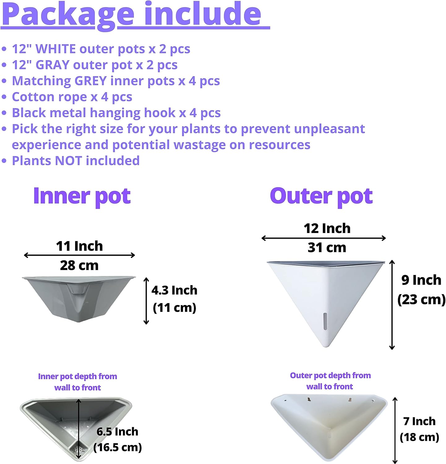 LaLaGreen Wall Planters - 4 Pack, 12 Inch Large Self Watering White and Gray Mixed Color Geometric Indoor Vertical Garden Plant Wall Hanging Flower Vase Vessel with Black Metal Hanger Modern Stylish