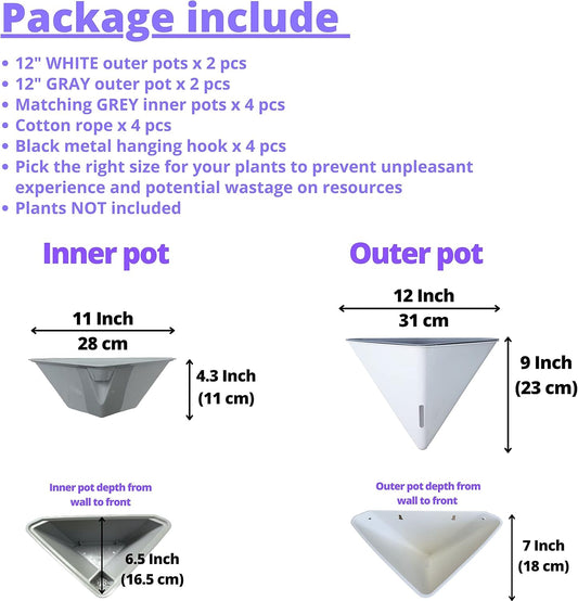 LaLaGreen Wall Planters - 4 Pack, 12 Inch Large Self Watering White and Gray Mixed Color Geometric Indoor Vertical Garden Plant Wall Hanging Flower Vase Vessel with Black Metal Hanger Modern Stylish