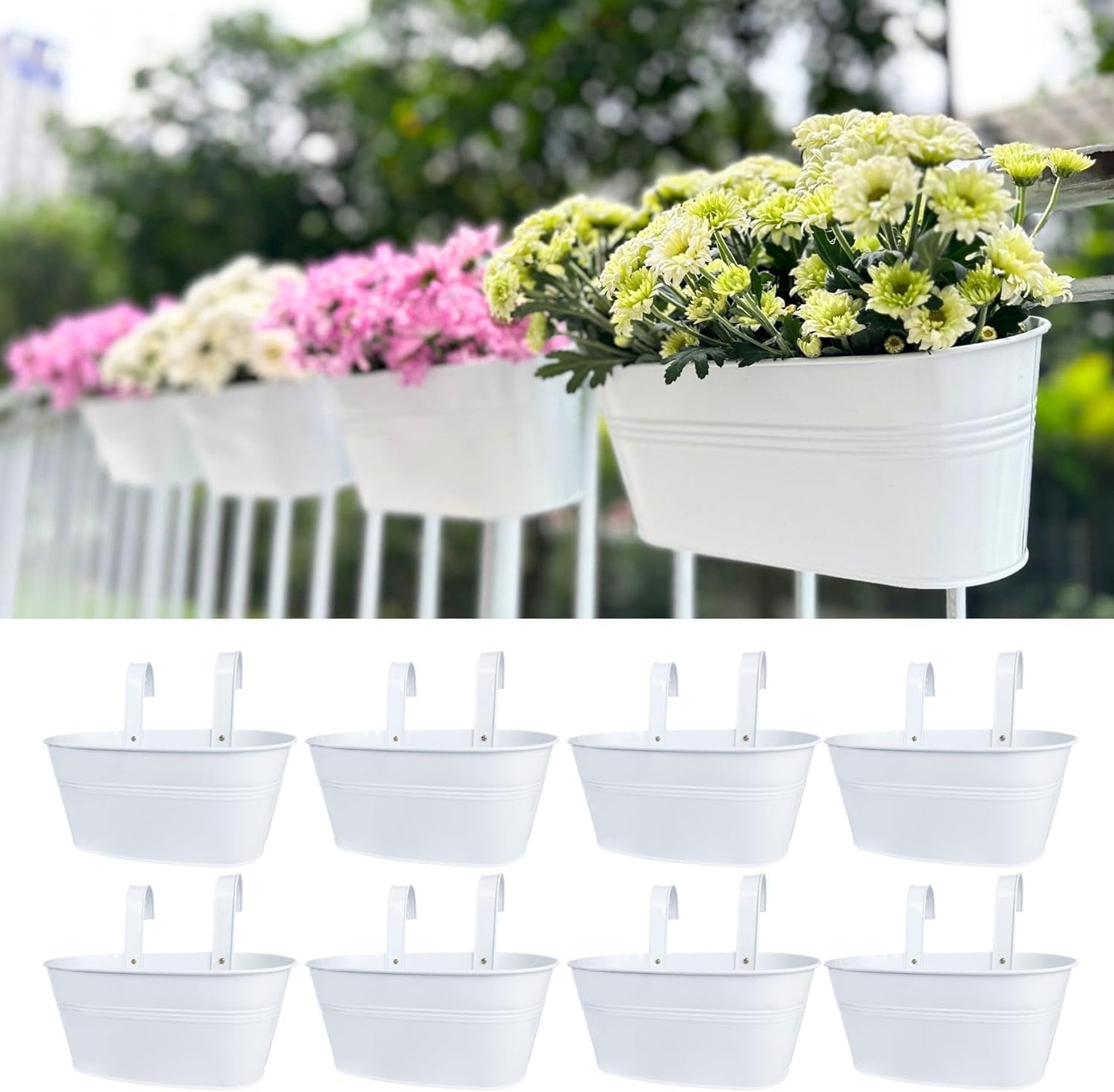 LaLaGreen Outdoor Plants Rail Planter (11.2 Inch, 3 Pack) White Metal Iron Hanging Flower Pots Deck Railings Fence Balcony Modern Boho Style Wall Mount Window Box Plant Holder Hooks Porch Home Decor