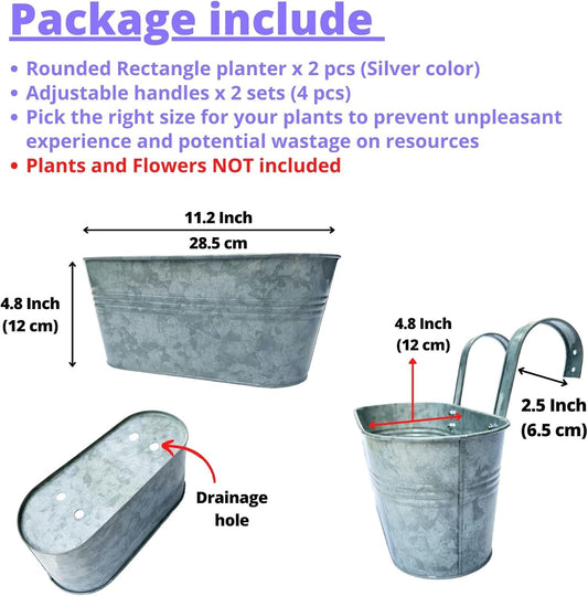 LaLaGreen Outdoor Rail Planter (11.2 Inch, 2 Pack) Silver Metal Iron Hanging Flower Pots Deck Railings Fence Buckets Modern Countryside Boho Style Wall Mount Window Box Plant Holder Hooks Porch Decor