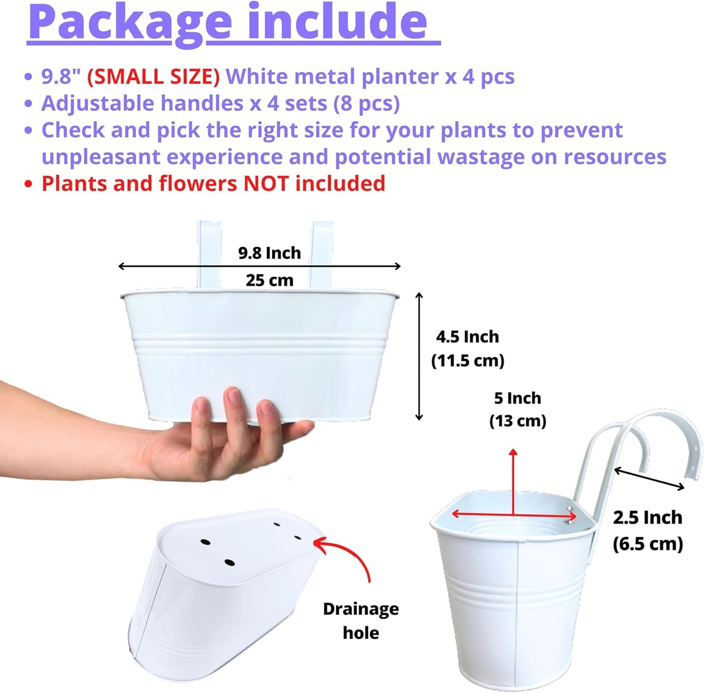 LaLaGreen Rail Planter for Outdoor (4 Pack, 9.8 Inch) Small and Cute Metal Iron Hanging Flower Pots Deck Railings Fence Buckets Boho Style White Wall Mount Window Box Plant Holder Hooks Porch Decor