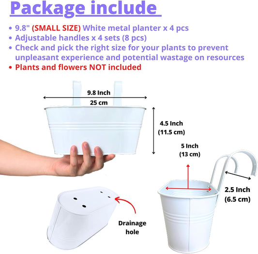LaLaGreen Rail Planter for Outdoor (4 Pack, 9.8 Inch) Small and Cute Metal Iron Hanging Flower Pots Deck Railings Fence Buckets Boho Style White Wall Mount Window Box Plant Holder Hooks Porch Decor
