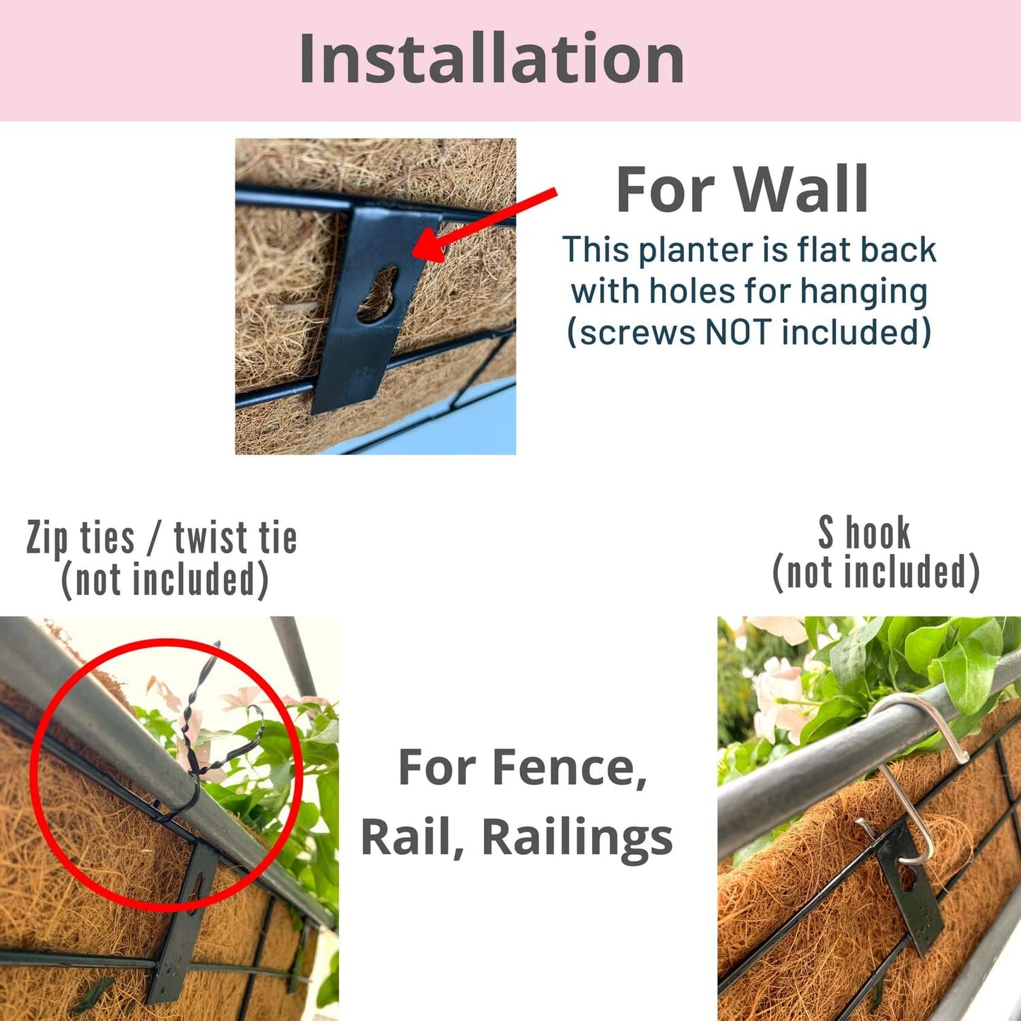 LaLaGreen Wall Planters for Outdoor Plants (2 Pack, 16 Inch) Window Flower Boxes Basket Attach to House, Deck Railing Strawberry Planters with Coco Liners BalconyTroughs Fence Patio Porch Over Rail