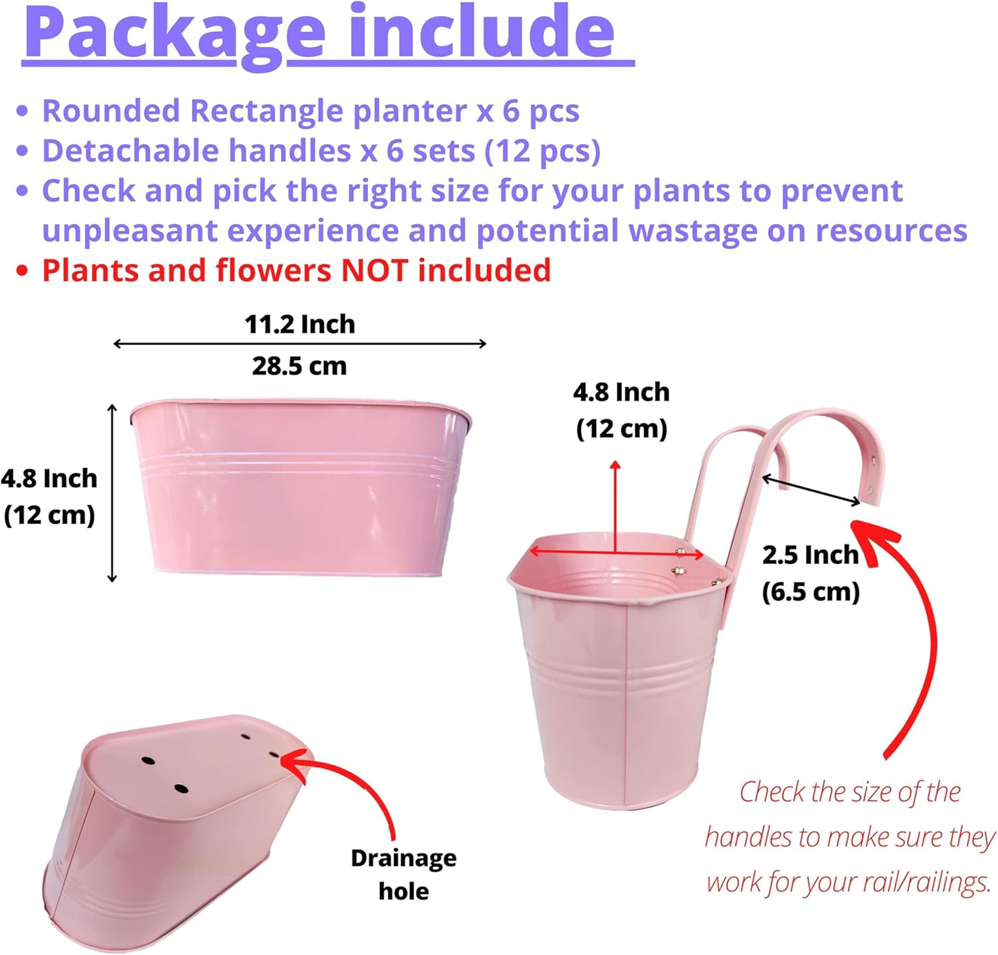 LaLaGreen Outdoor Hanging Planter (11.2 Inch, 6 Pack) Light Pink, Light Purple, Turquoise, Neon Pink, Yellow, Orange Metal Iron Window Box Flower Pot Deck Railings Fence Buckets Porch Garden Decor