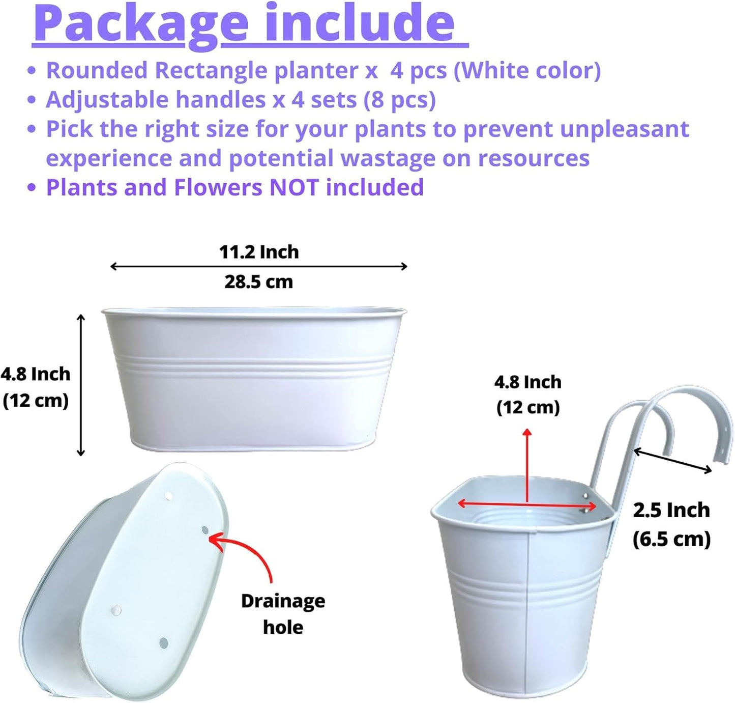 LaLaGreen Rail Planters for Outdoor (4 Pack, 11.2 Inch) White Metal Iron Hanging Flower Pots, Deck Railing Fence Bucket Strawberry Planter Wall Mount Window Box Plant Holder with Hooks Porch Decor