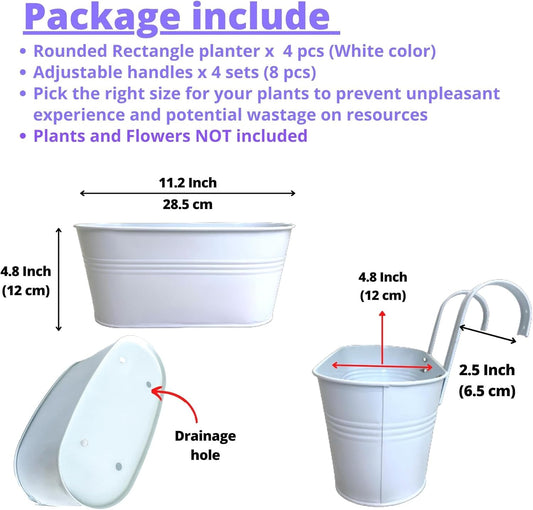 LaLaGreen Rail Planters for Outdoor (4 Pack, 11.2 Inch) White Metal Iron Hanging Flower Pots, Deck Railing Fence Bucket Strawberry Planter Wall Mount Window Box Plant Holder with Hooks Porch Decor