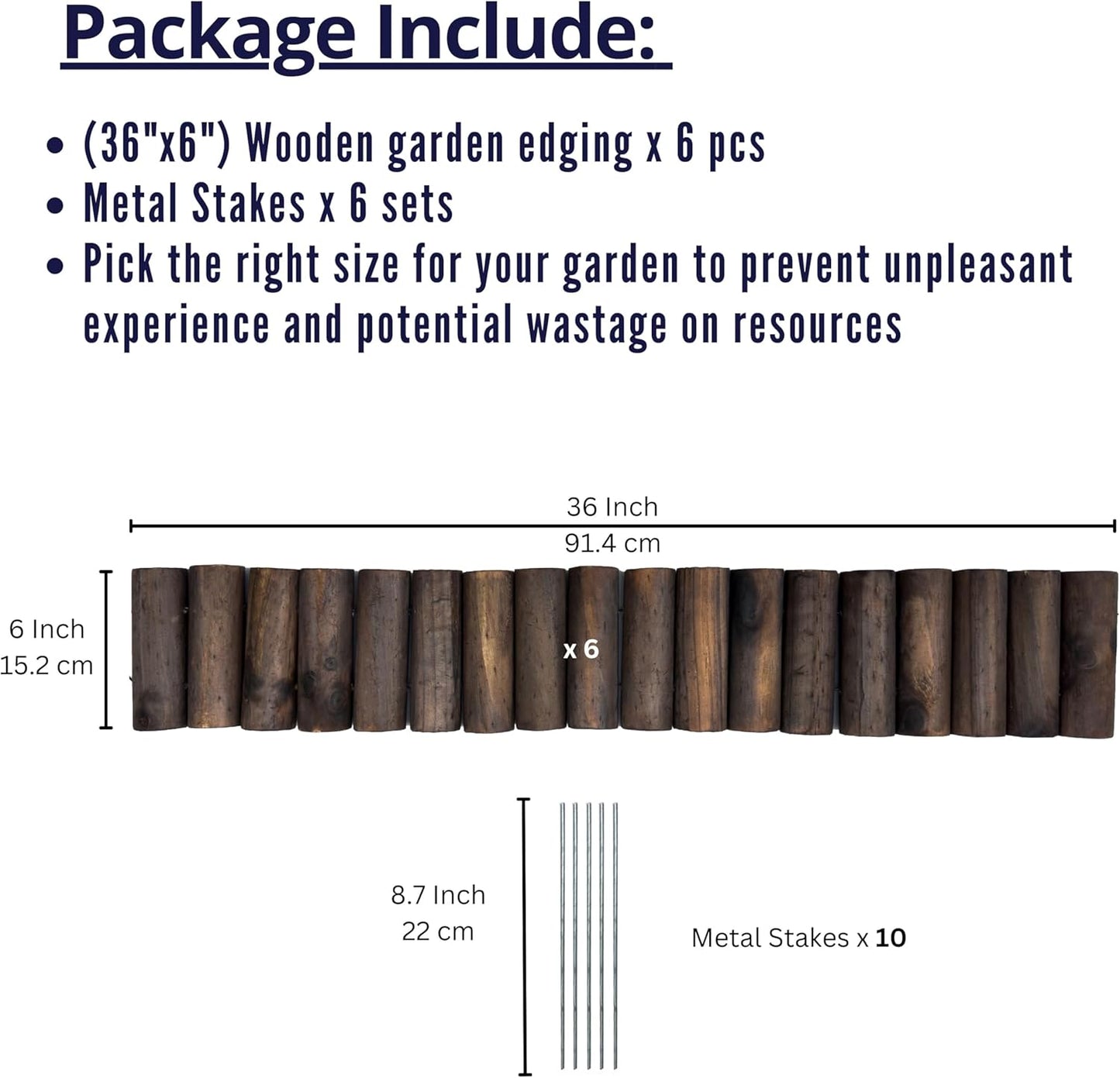 LaLaGreen Garden Edging Border (36"x6", 6 Pack) Small Wood Fence Panel for Yard Lawn Landscape Patio Pathway Trees Decor, Expandable Brown Wooden Stakes Decorative Flower Bed Fencing Outdoor No Dig