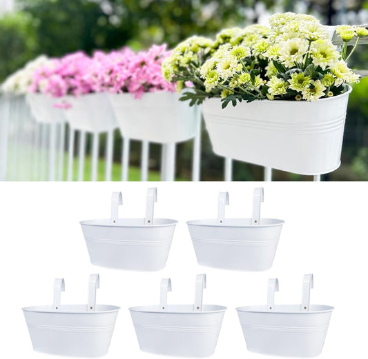 LaLaGreen Window Boxes Planters (5 Pack, 9.8 Inch) Small and Cute White Metal Iron Hanging Flower Pots, Deck Railings Outdoor Fence Buckets Boho Style Wall Mount Plant Holder Hooks Porch Garden Decor