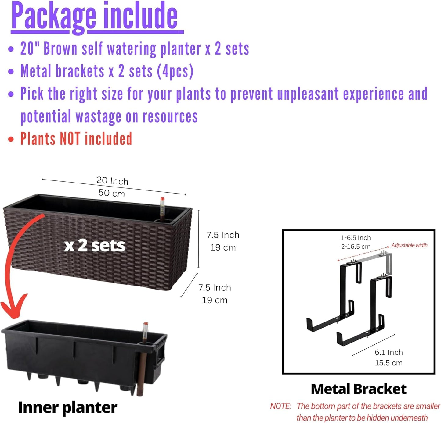LaLaGreen Outdoor Rail Planter for Balcony (2 Pack, 20 Inch) Large Black Self Watering Railing Planters with Brackets, Rectangular Plastic Window Flower Box Fence Designer Choice with Rattan Pattern