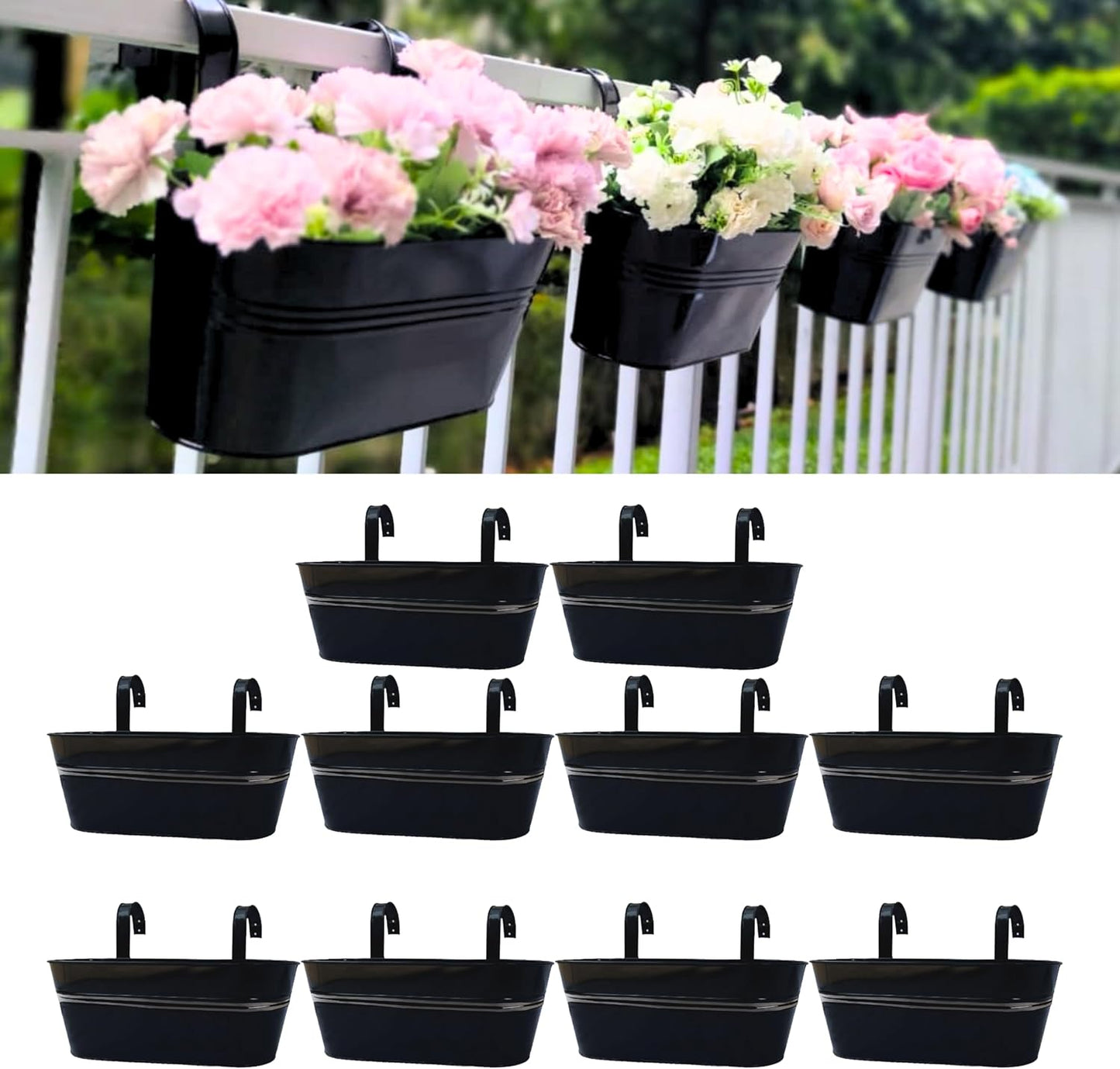 LaLaGreen Outdoor Plants Rail Planter (15 Inch, 2 Pack) Black Metal Iron Hanging Flower Pots Deck Railings Fence Balcony Buckets Modern Boho Style Window Box Plant Holder Hooks Porch Home Garden Decor