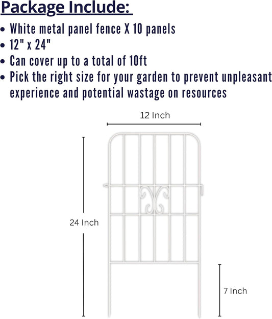 ShopLaLa Garden Fence Animal Barrier Decorative Border (10 Panels), 12in(L) x 24in(H) Rustproof White Metal Wire Fencing Flower Edging for Landscape Patio Outdoor Decor No Dig, Gate and Fences for Dog