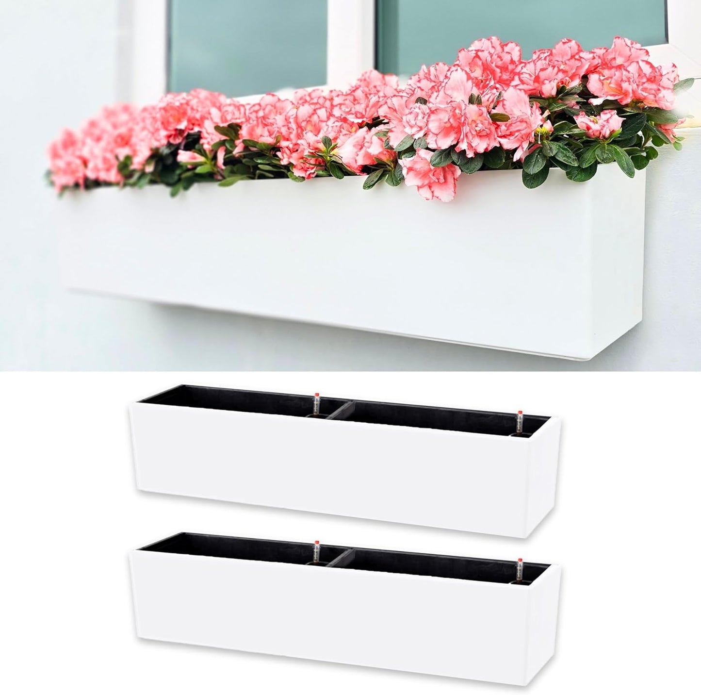 LaLaGreen Hanging Planter Boxes Outdoor (40 Inch, 2 Pack) Extra Large Window Flower Box with Bracket, White Rectangular Self Watering System Vertical Plant Container Wall Mount Indoor Succulents Herbs