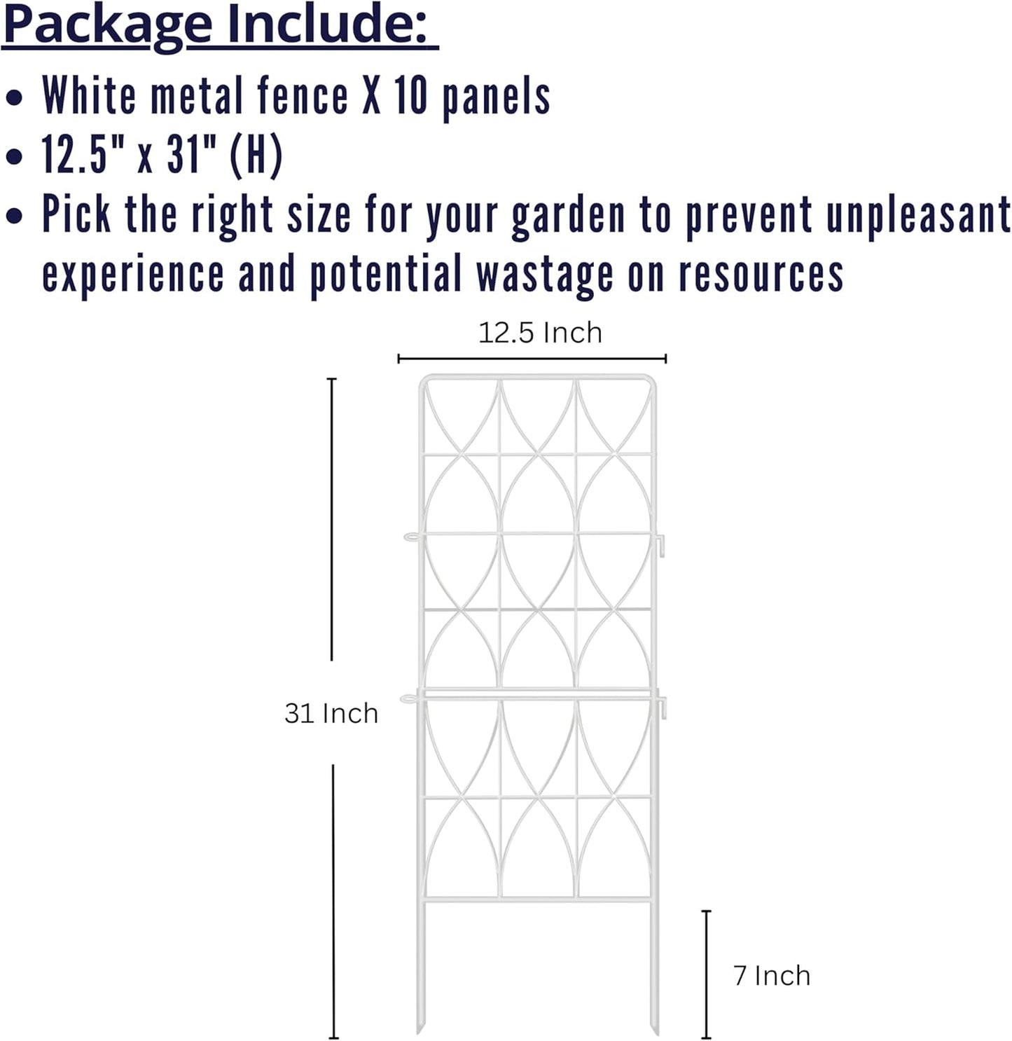 ShopLaLa Decorative Garden Fence (10 Panels) 12.5in(L) x 31in(H) Animal Barrier Fencing Rustproof White Metal Wire Flower Edging for Landscape, Tall Large No Dig Fences Back Yard Pet Porch Gate D-F30D