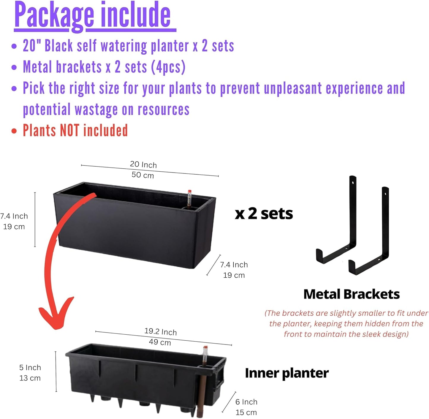 LaLaGreen Wall Planters for Indoor (2 Pack, 20 Inch) Black Self Watering Rectangular Window Planter Box Outdoor with Bracket Wall Mount Vertical Garden Balcony Herb Plant Holder Stylish Flower Pot