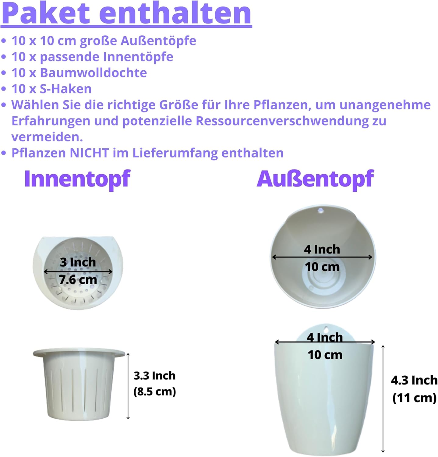 LaLaGreen Wall Planters for Indoor Plants - 10 Pack, 4 Inch Self Watering Plastic Planters and Pots, White Plant Holder, Modern Hydroponic Wall Pot Vertical System for Living Plant, Garden