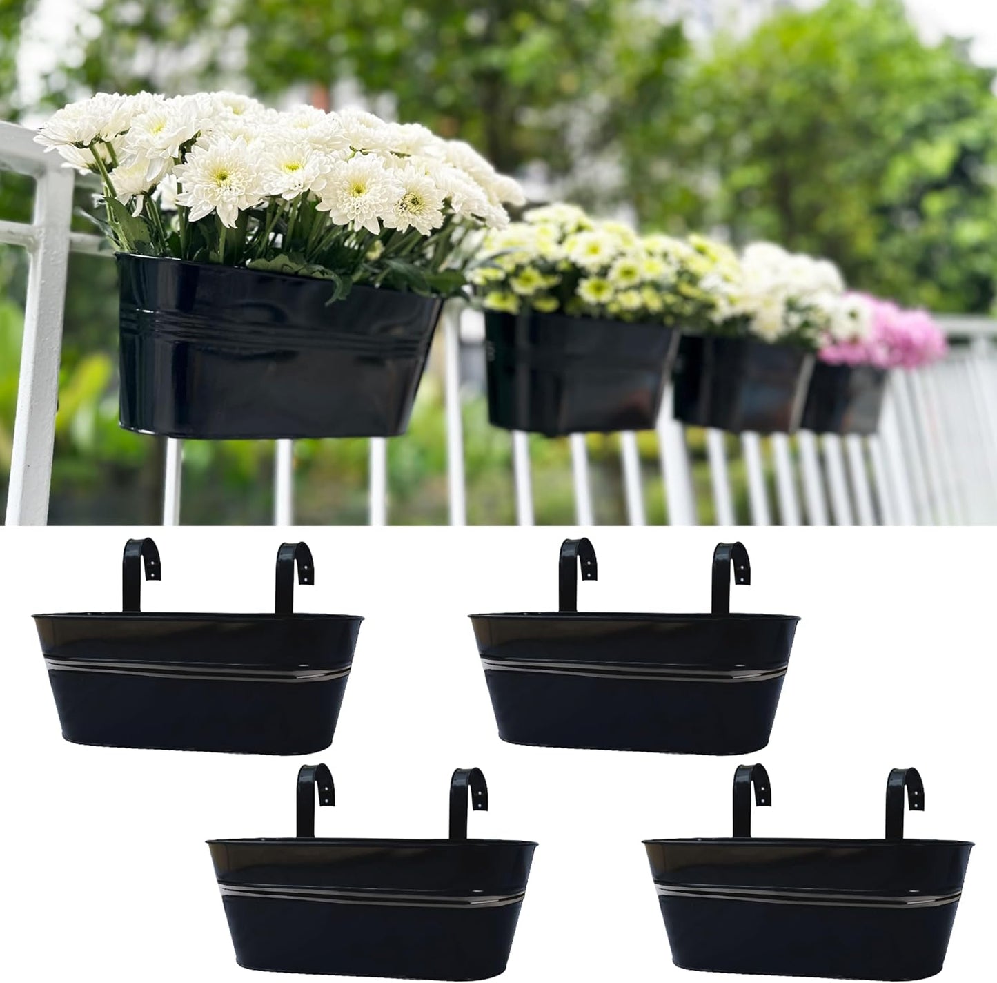 LaLaGreen Deck Railing Planter Box (17 Inch, 4 Pack) Large Black Metal Window Flower Boxes Outdoor, Wall Hanging Planters Plant Holder Hooks Fence Rail Buckets Countryside Boho Style Wall Mount Decor