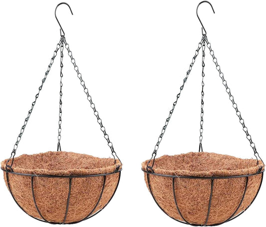 LaLaGreen Hanging Baskets Outdoor (2 Pack, 8 Inch) Hanging Planters Outside with Coco Liner, Small Round Flower Pots Hanger Metal Wire Holder Outdoor Porch Patio Modern Deck Balcony Garden Decor