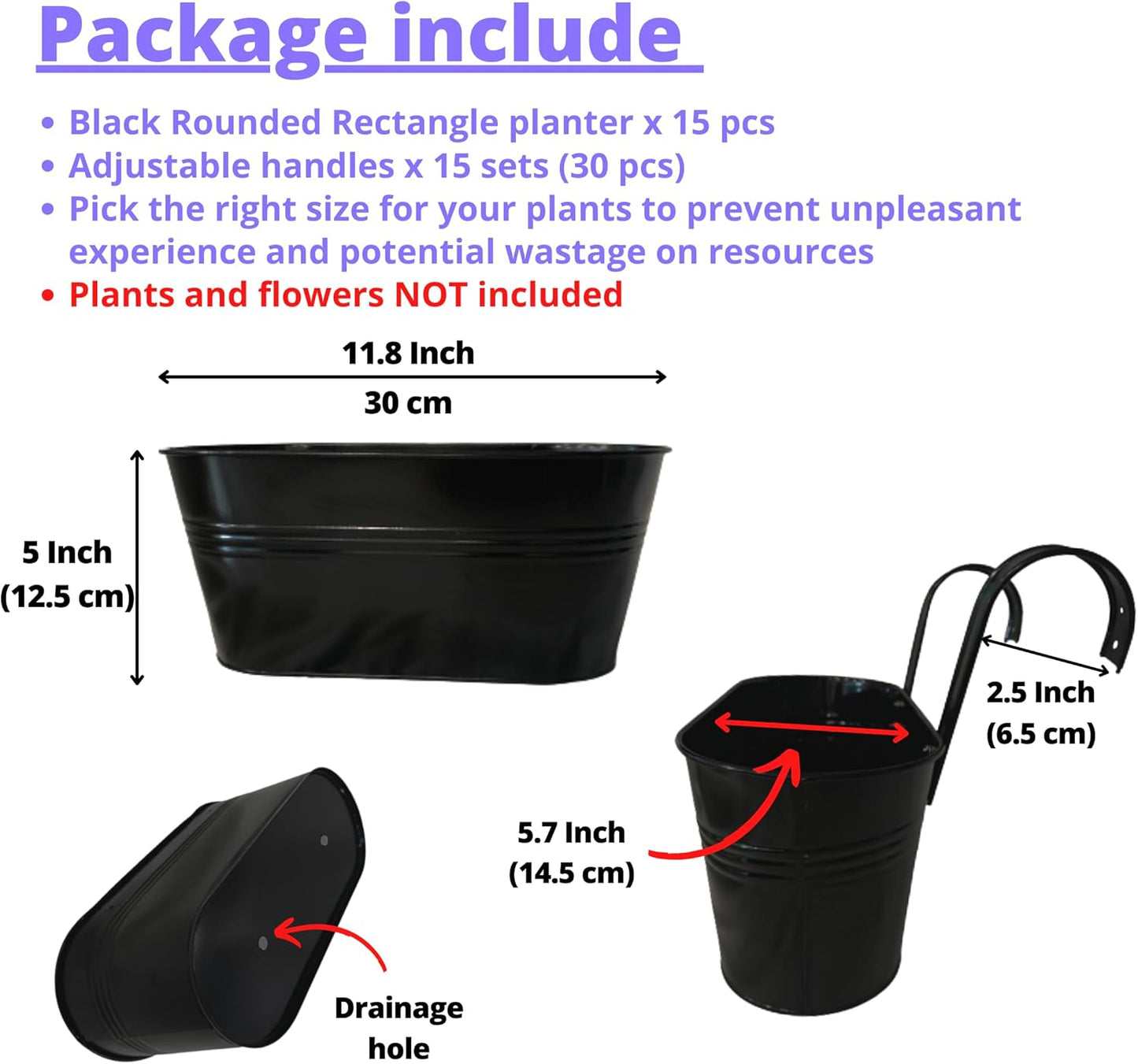 LaLaGreen Rail Planter Outdoor Plants(11.8 Inch, 15 Pack) Black Metal Iron Hanging Flower Pots Deck Railings Fence Buckets Modern Countryside Boho Style Wall Mount Window Box Plant Holder Porch Decor