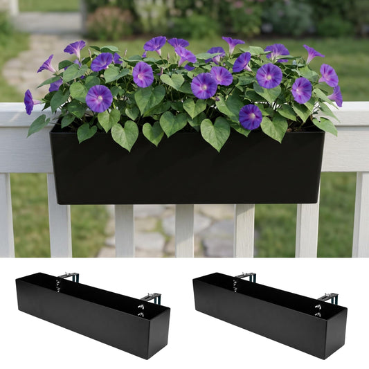 LaLaGreen Railing Planter Box (16 Inch, 2 Pack) Black Metal Rectangular Hanging Flower Boxes with Brackets, Planters for Outdoor Deck Railings Fence Over Rail Balcony Patio Porch Modern Garden Decor