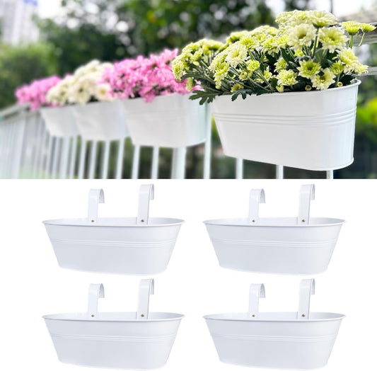 LaLaGreen Outdoor Plants Rail Planter (4 Pack, 16 Inch) White Metal Iron Hanging Flower Pots Deck Railings Fence Buckets Modern Boho Style Wall Mount Window Boxes Plant Holder Hooks Porch Home Decor