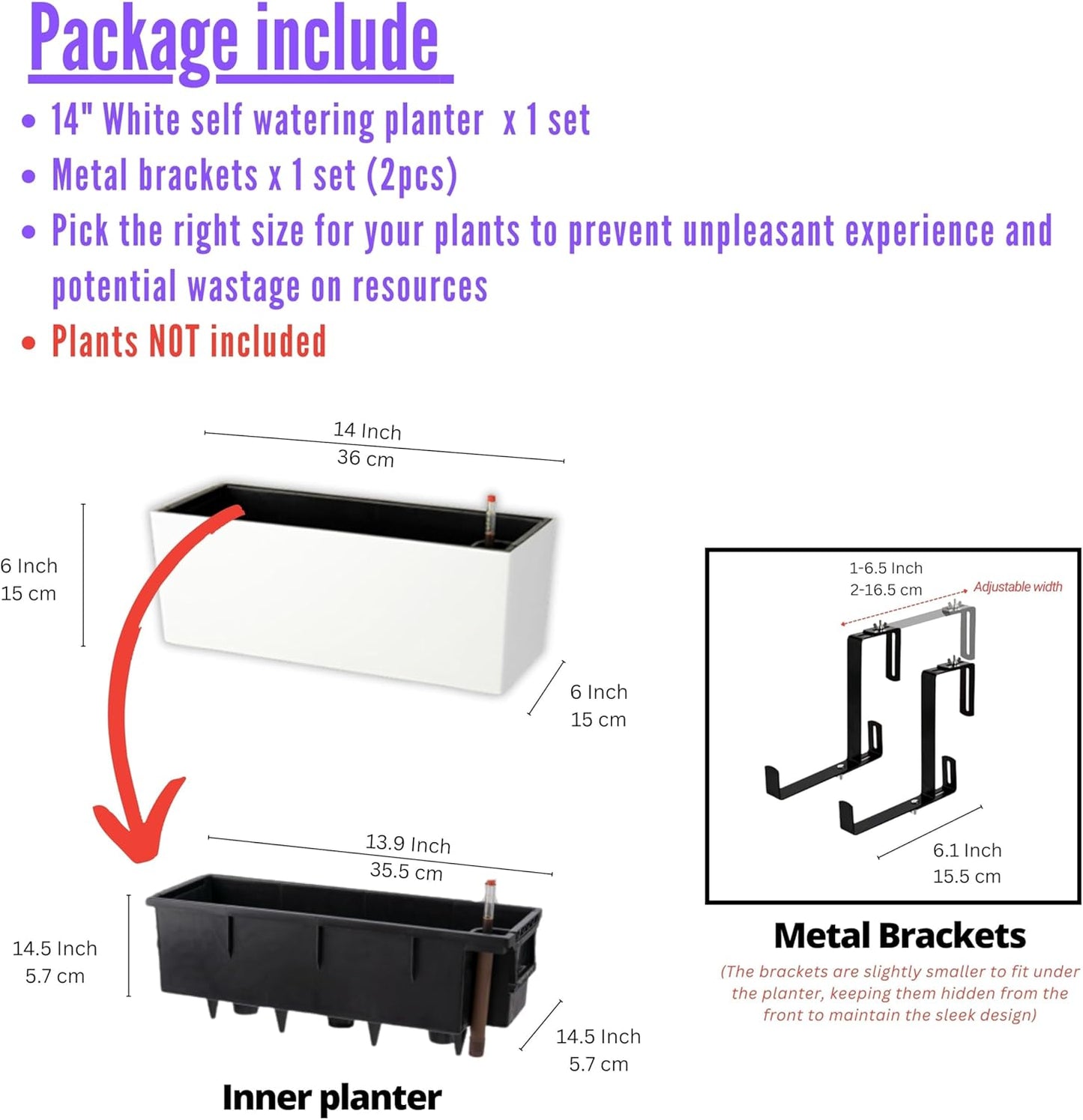 LaLaGreen Railing Planter Box (14 Inch) White Rectangular Window Flower Boxes with Bracket, Self Watering System Hanging Planters for Outdoor Plant Pot Container Deck Rail Fence Balcony Garden Herb