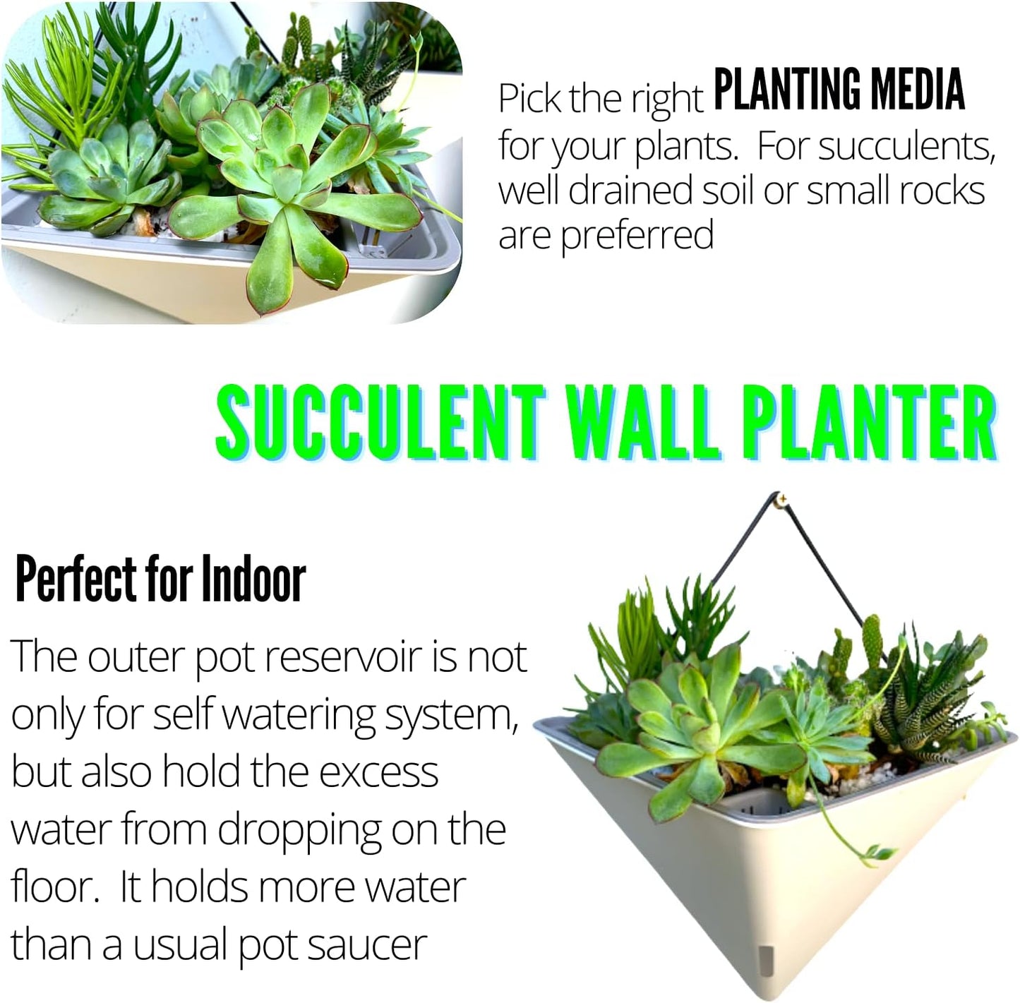 LaLaGreen Wall Planters for Indoor Plants - 2 Pack, 12 Inch Large Self Watering White Geometric Hanging Flower Vase Vessel with Metal Hanger, Modern Stylish Wall Mounted Succulent Pot Holder Decor