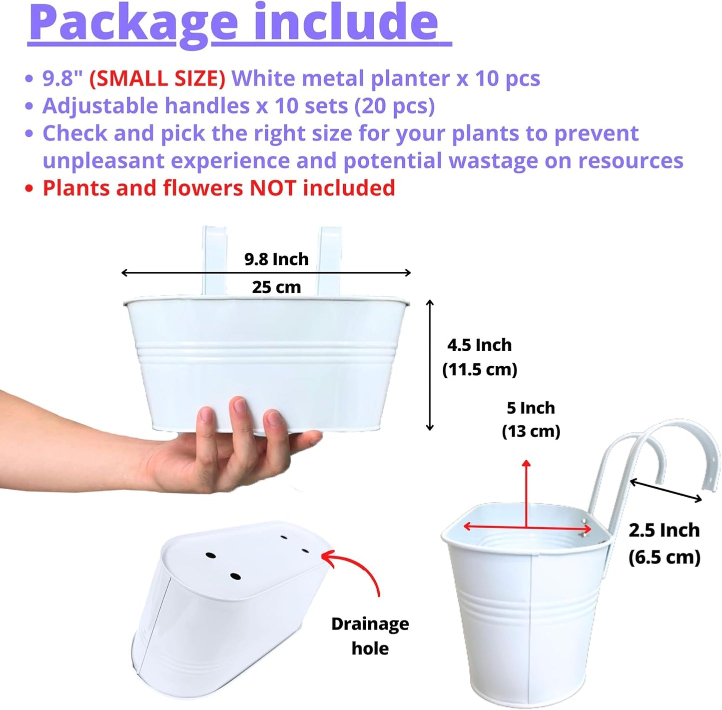 LaLaGreen Outdoor Rail Planter (10 Pack, 9.8 Inch) Small and Cute White Metal Iron Hanging Flower Pot Deck Railings Fence Buckets Countryside Style Wall Mount Window Box Plant Holder Hooks Porch Decor