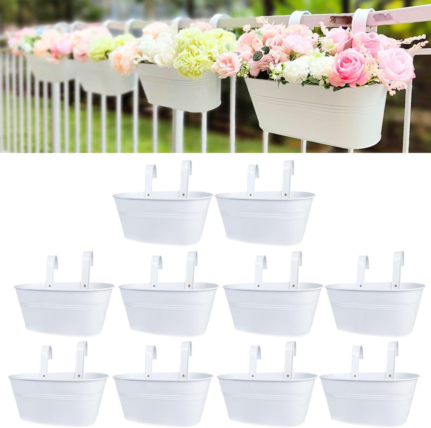 LaLaGreen Outdoor Plants Rail Planter (11.2 Inch, 15 Pack) White Metal Iron Hanging Flower Pots Deck Railings Fence Balcony Modern Boho Style Wall Mount Window Box Plant Holder Hooks Porch Home Decor