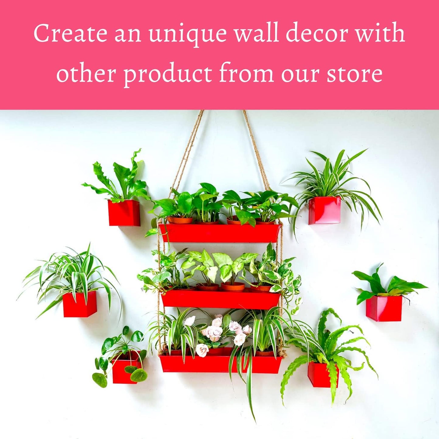 LaLaGreen Wall Planter - 6 Pack, 4 Inch Square Red Metal Wall Planter for Indoor Plants, Small Wall Mounted Christmas Decoration Flower Pots Outdoor Herb Garden, Balcony Railings Buckets Fence Porch