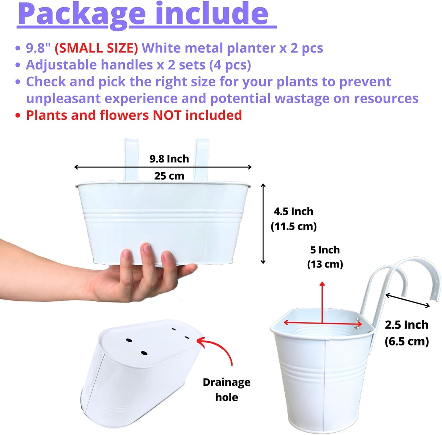 LaLaGreen Rail Planter Outdoor Plants (2 Pack, 9.8 Inch) Small and Cute Metal Iron Hanging Flower Pots Deck Railings White Fence Modern Garden Boho Style Wall Mount Window Box Plant Holder Porch Decor