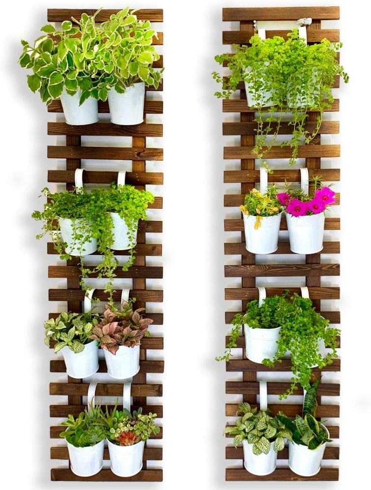 ShopLaLa Wall Planter for Climbing Plants Outdoor - Wooden Hanging Living Vertical Garden Outdoor Indoor Plant Stand Large Tall Long Ladder Vinyl Plant Hanger for Hanging Flower Pots 59" (150cm)